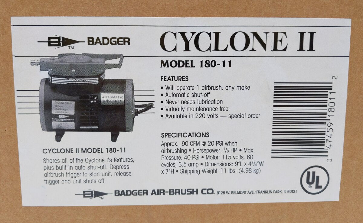 Badger Airbrush Co. 180-11 Cyclone II Air Compressor LN/Box