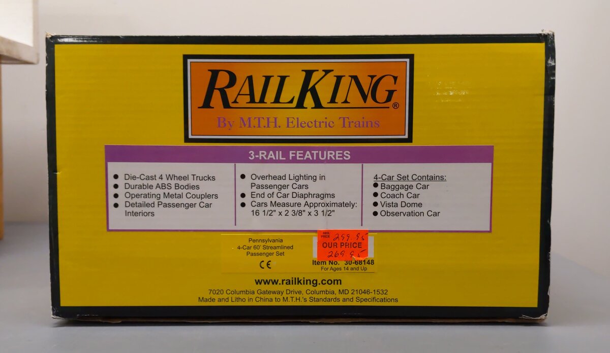 MTH 30-68148 O Pennsylvania 60' Streamlined Passenger Car Set (Set of 4)