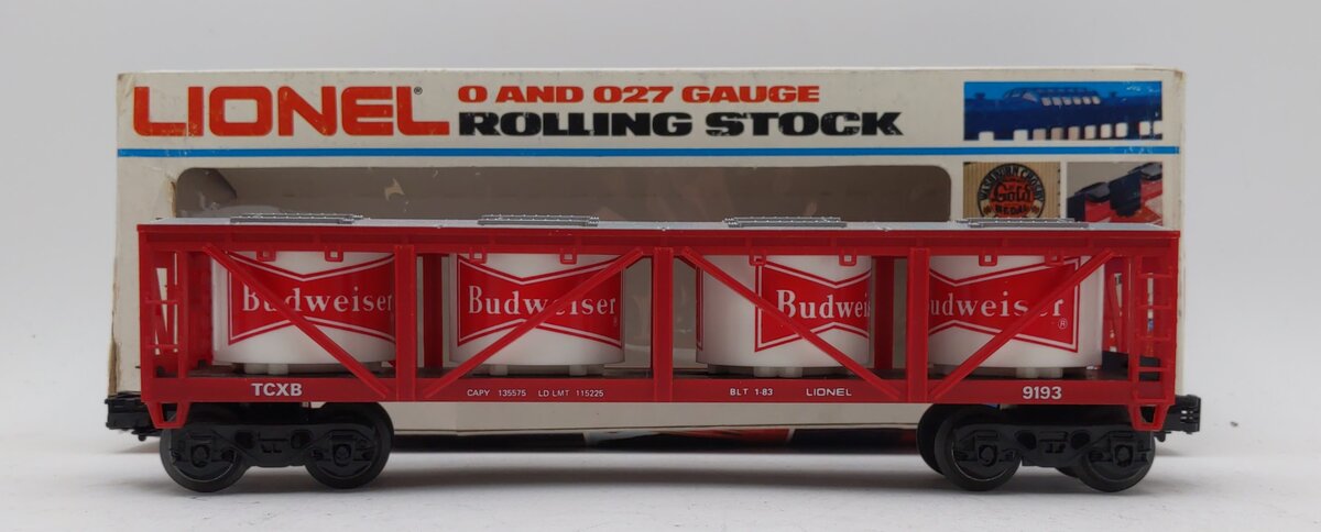 Lionel 6-9193 O Gauge Budweiser Vat Car with Red & White Vats #9193 LN/Box