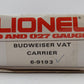 Lionel 6-9193 O Gauge Budweiser Vat Car with Red & White Vats #9193 EX/Box