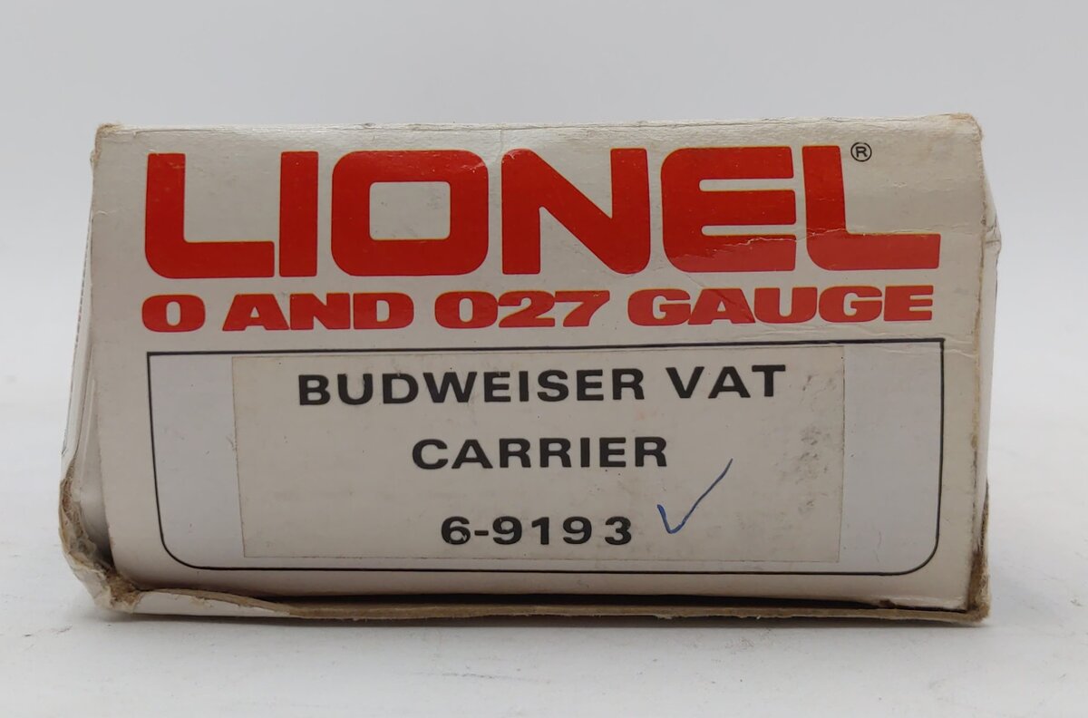 Lionel 6-9193 O Gauge Budweiser Vat Car with Red & White Vats #9193 EX/Box