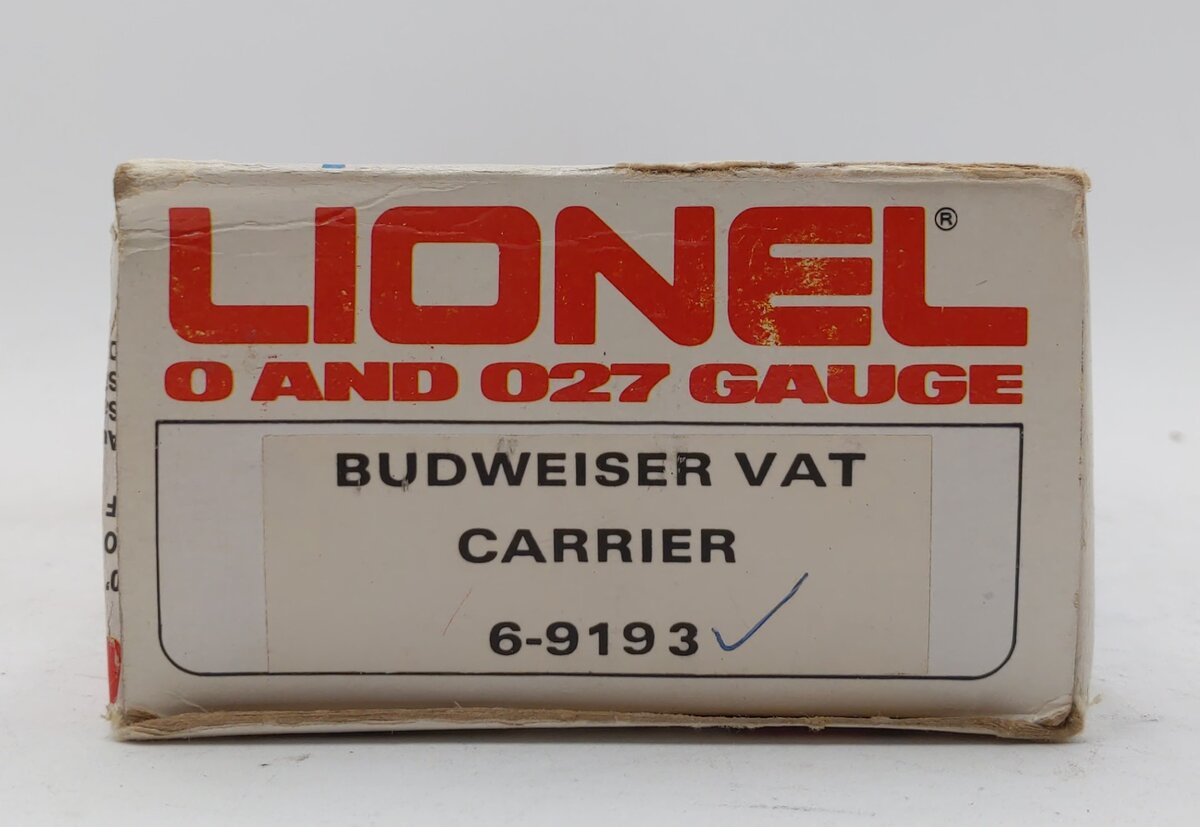 Lionel 6-9193 O Gauge Budweiser Vat Car with Red & White Vats #9193 LN/Box