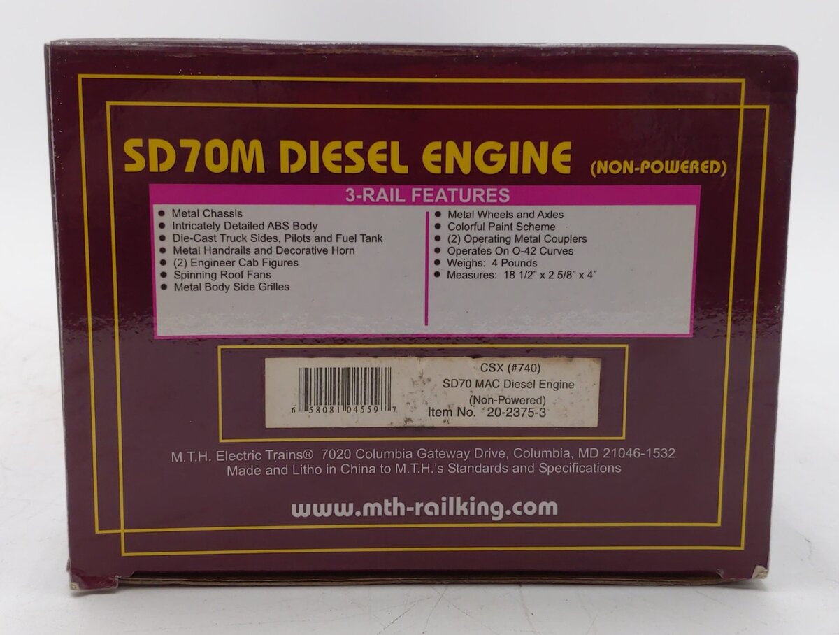 MTH 20-2375-3 CSX SD70 MAC Non-Powered Diesel Engine #740 LN/Box