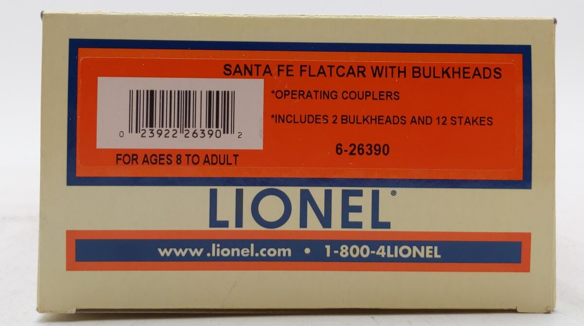 Lionel 6-26390 O Gauge Santa Fe Flatcar with Bulkheads