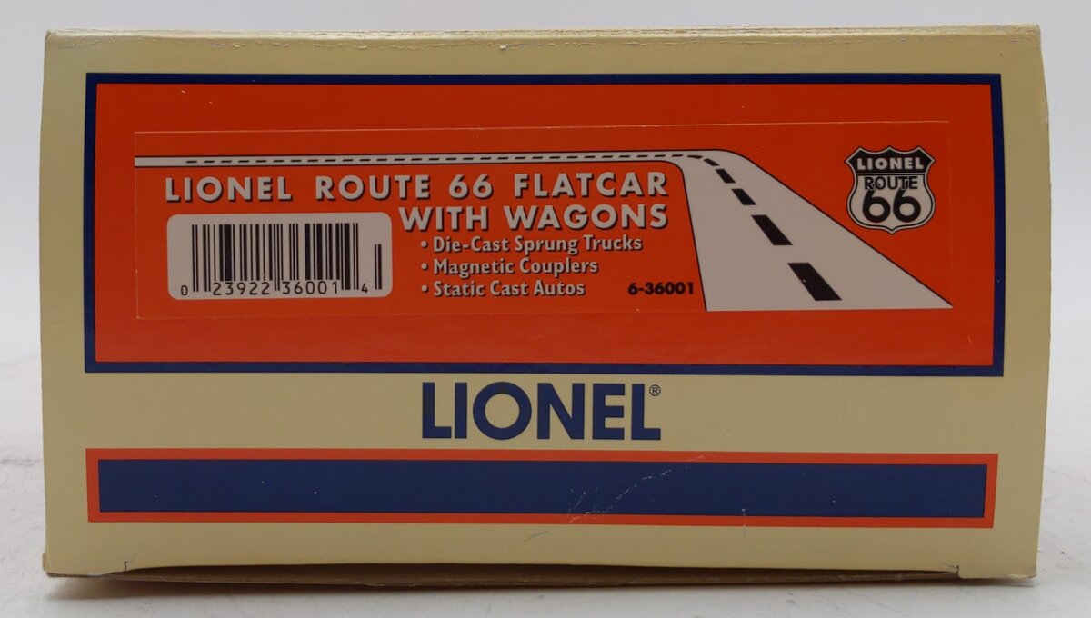Lionel 6-36001 O Gauge Route 66 Flatcar with 2 Green & Cream Station Wagons LN/Box