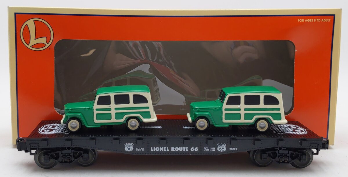 Lionel 6-36001 O Gauge Route 66 Flatcar with 2 Green & Cream Station Wagons LN/Box