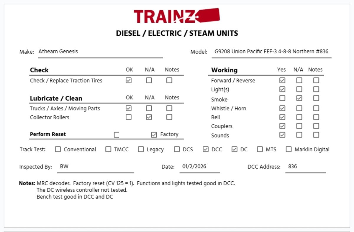 Athearn G9208 HO Scale Union Pacific FEF-3 Steam Locomotive #836 w/DCC/Sound EX/Box
