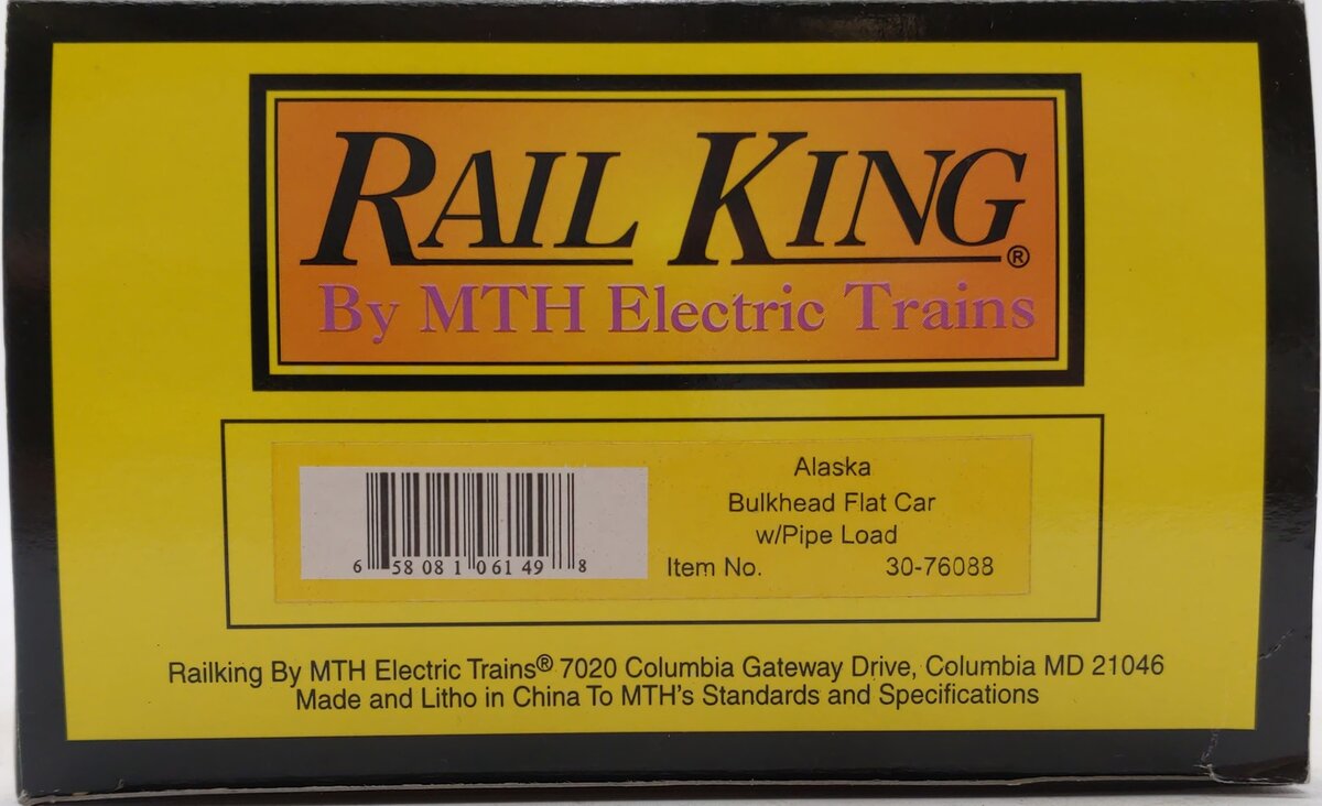 MTH 30-76088 O Gauge Alaska Bulkhead Flatcar with Pipe Load NIB