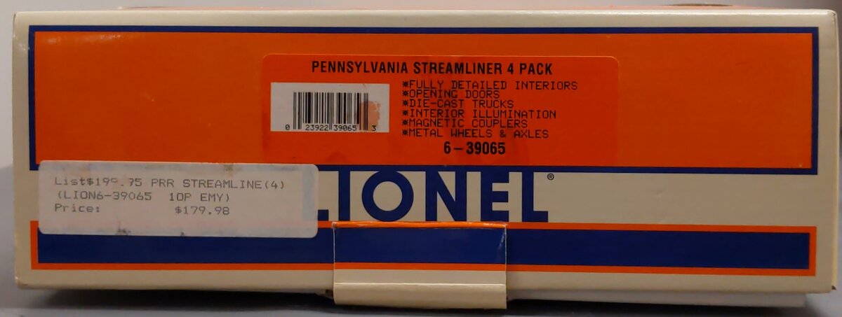 Lionel 6-39065 Pennsylvania Streamliner Passenger Car 4-Pack VG/Box