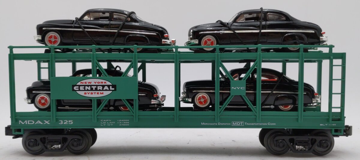 MTH 30-7682 O New York Central Auto Carrier #325 with (4) Ertl 1949 Mercurys LN/Box
