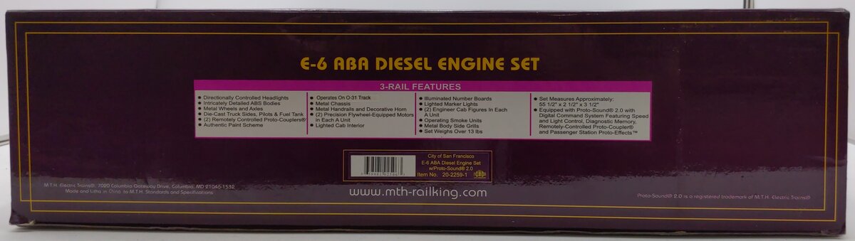 MTH 20-2259-1 O City of SF E6 ABA Diesel Engine Set w/PS2 #SF-4/SF-5/SF-7 NIB