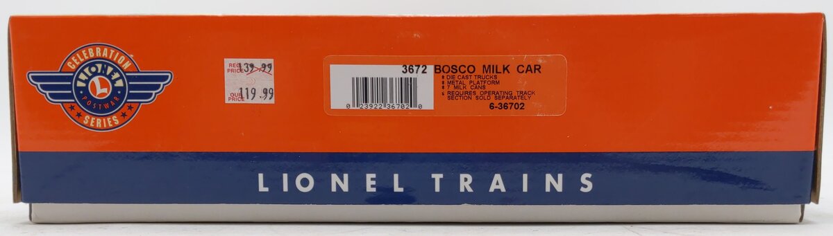 Lionel 6-36702 O Gauge Postwar Celebration Operating Bosco Milk Car LN/Box