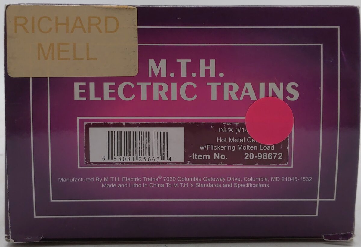 MTH 20-98672 O Gauge INLX Hot Metal Car w/Flickering Molten Load V2 #143 LN/Box