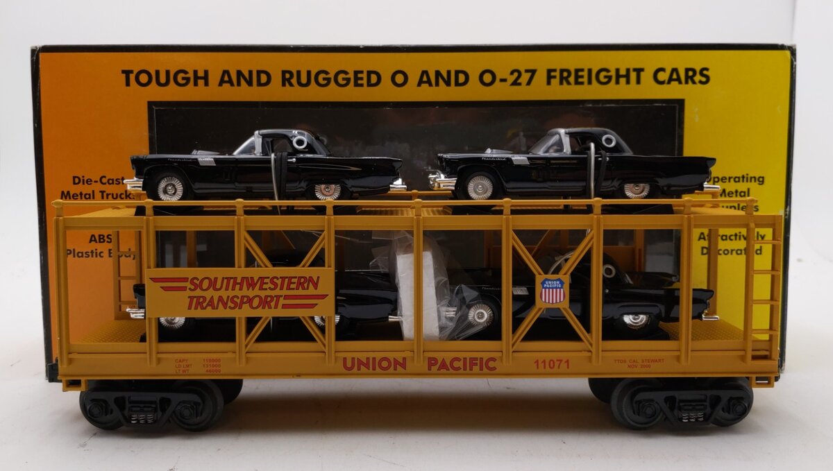 MTH 30-7674 O Gauge UP Southwestern Transport Auto Carrier W/Ertl T-Birds #11071 LN/Box