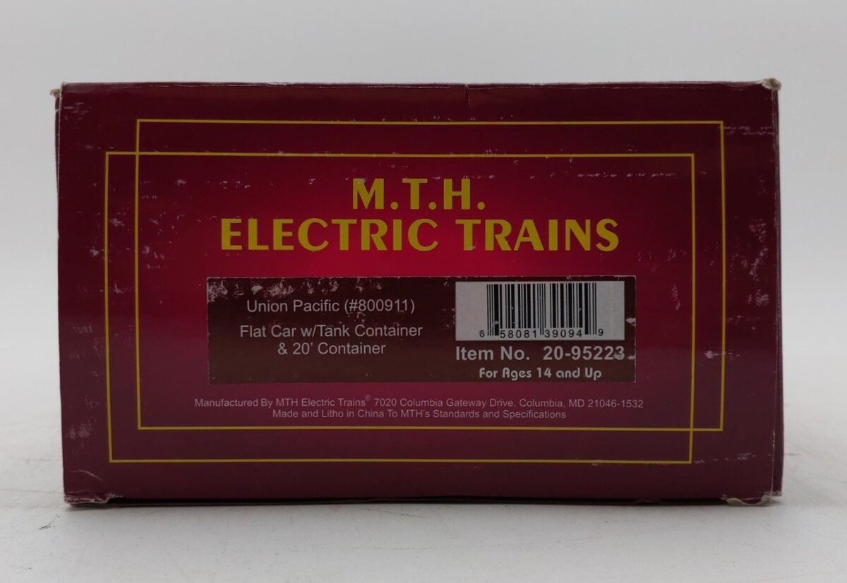 MTH 20-95223 O UP Flatcar w/Tank Container & 20' Container