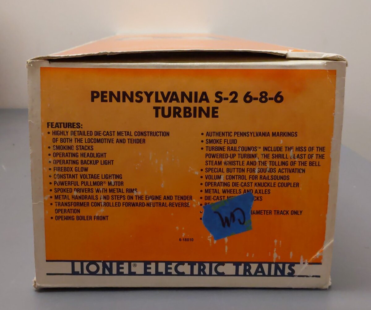 Lionel 6-18010 O PRR 6-8-6 Turbine Steam Locomotive & Tender with RS #6200 EX/Box