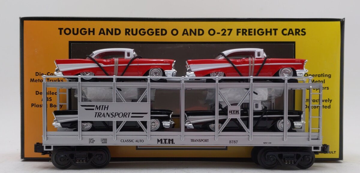 MTH 30-7656 O Gauge MTH Auto Carrier W/ 4 Die-cast 1957 Chevy Automobiles EX/Box