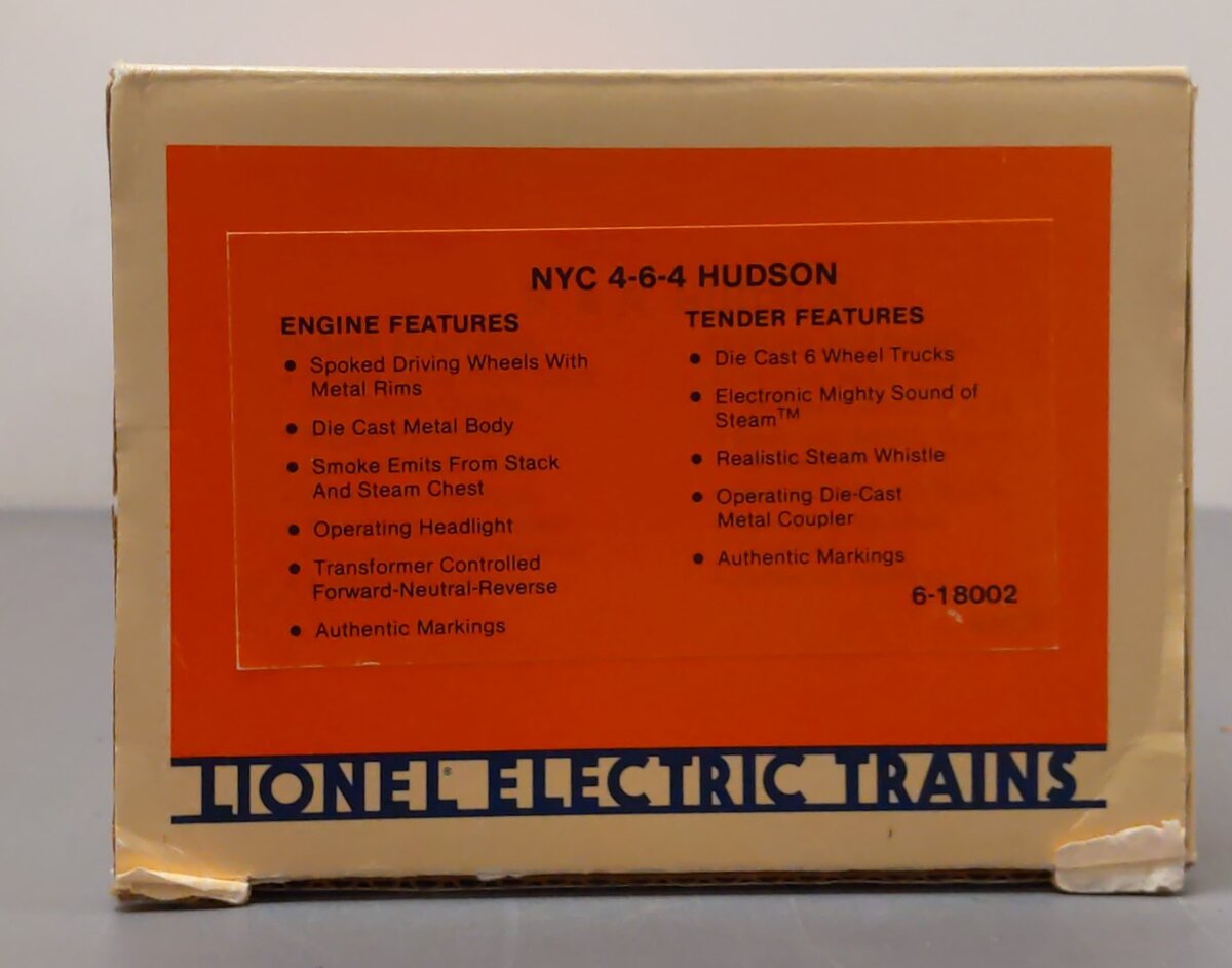 Lionel 6-18002 O New York Central 4-6-4 Hudson Steam Locomotive & Tender #785 EX/Box