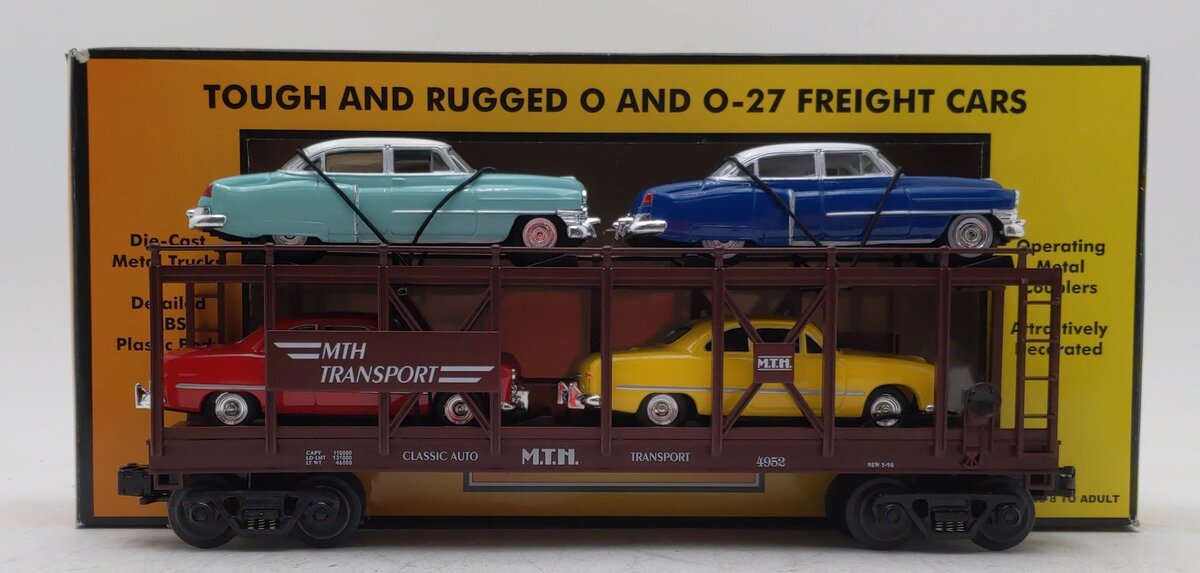 MTH 30-7628 O Gauge Auto Carrier Flatcar with 4 Ertl Cars #4952 EX/Box