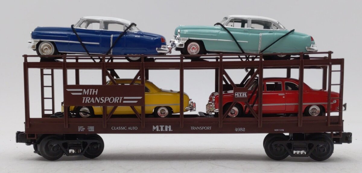 MTH 30-7628 O Gauge Auto Carrier Flatcar with 4 Ertl Cars #4952 EX/Box