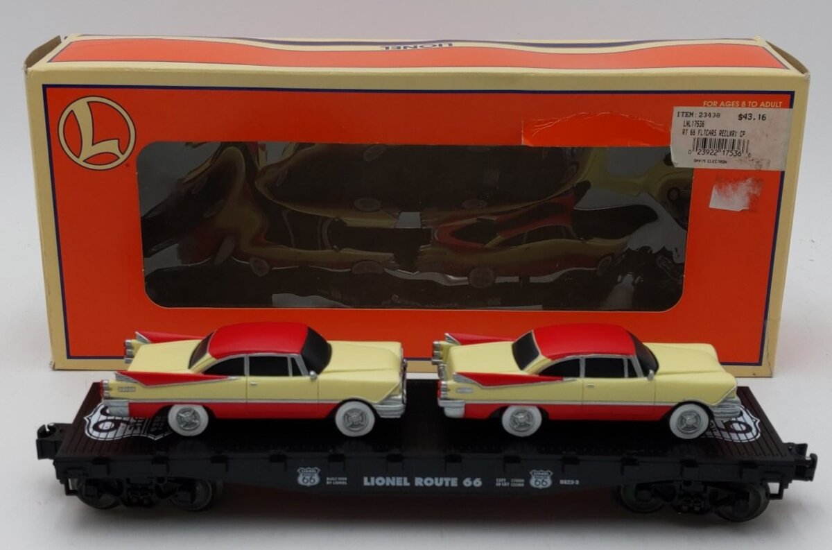 Lionel 6-17536 O Gauge Route 66 Flatcar w/ 2 Luxury Coupes LN/Box