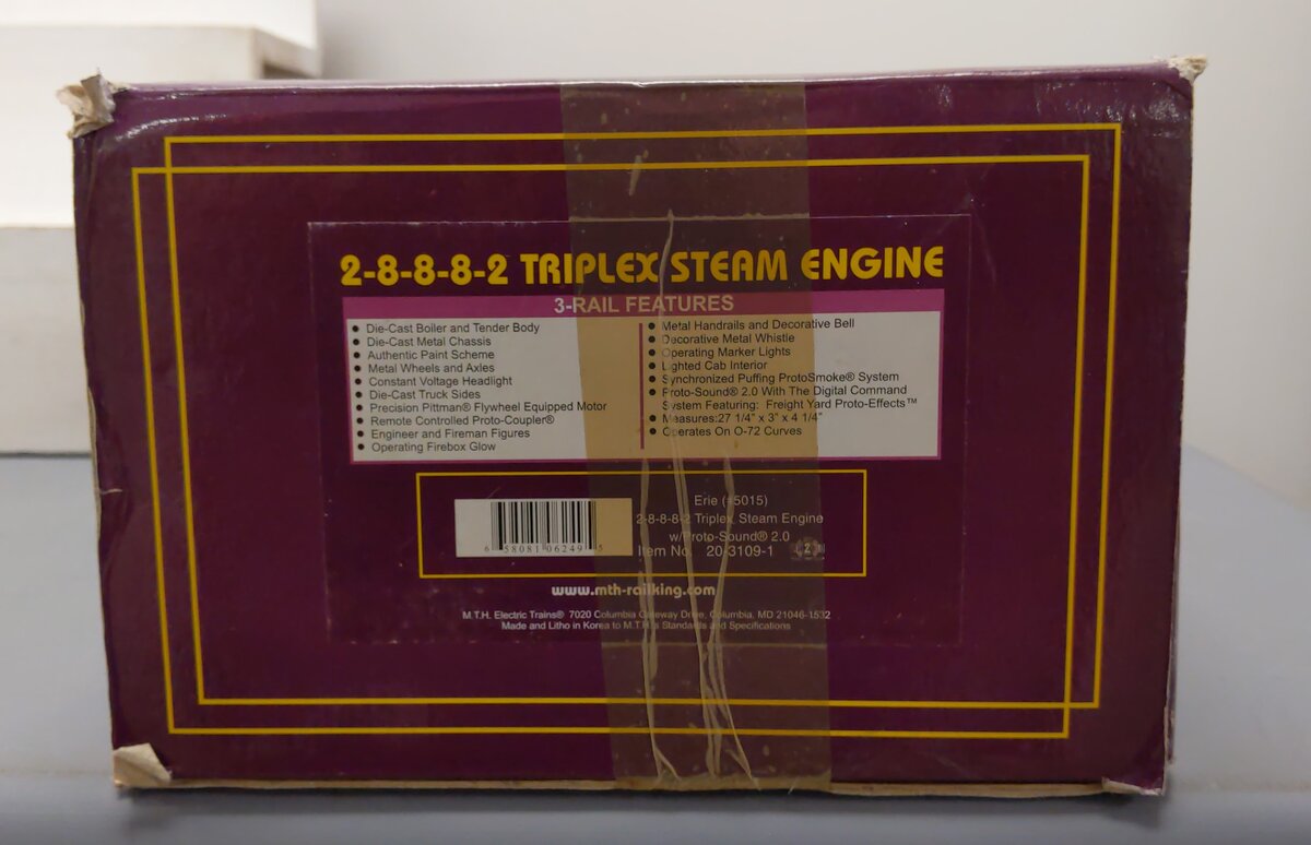 MTH 20-3109-1 O Erie Triplex 2-8-8-8-2 Steam Locomotive W PS2 #5015 LN/Box