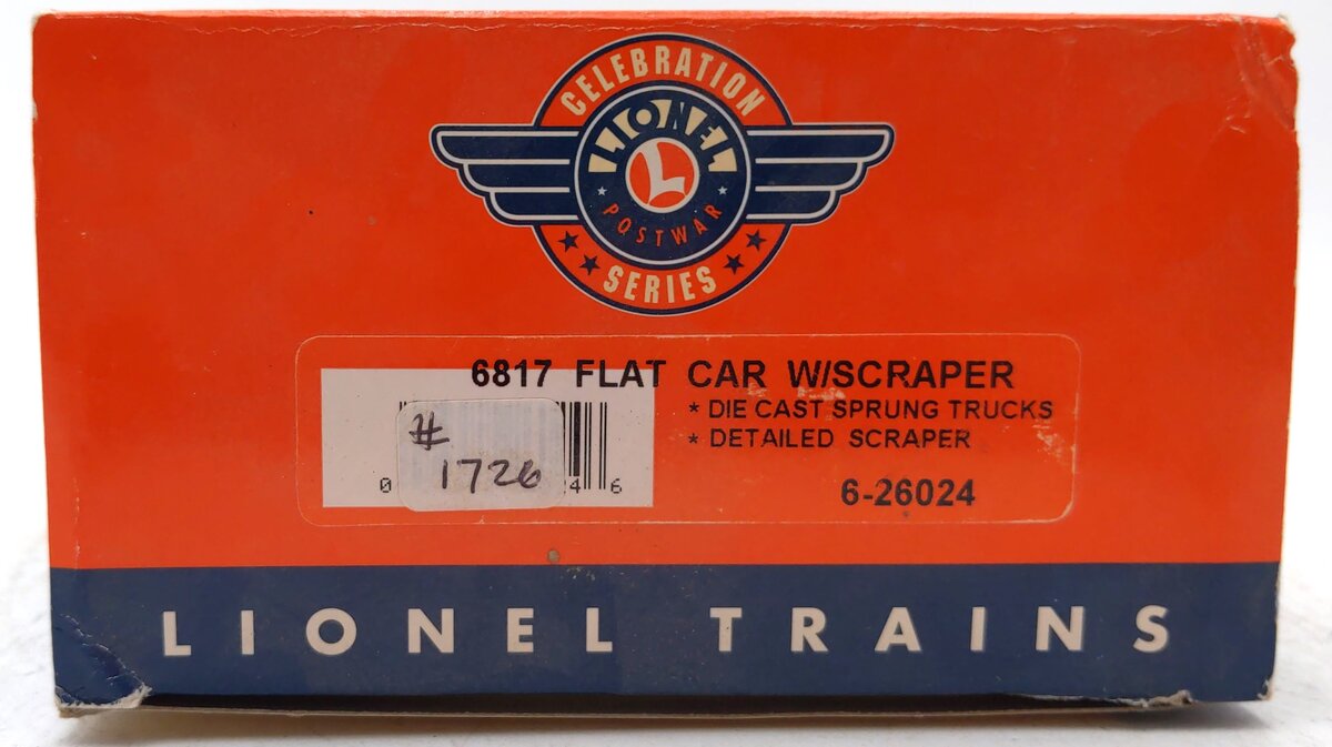 Lionel 6-26024 O Gauge Postwar Celebration Series 6817 Lionel Flatcar W/ Scraper LN/Box