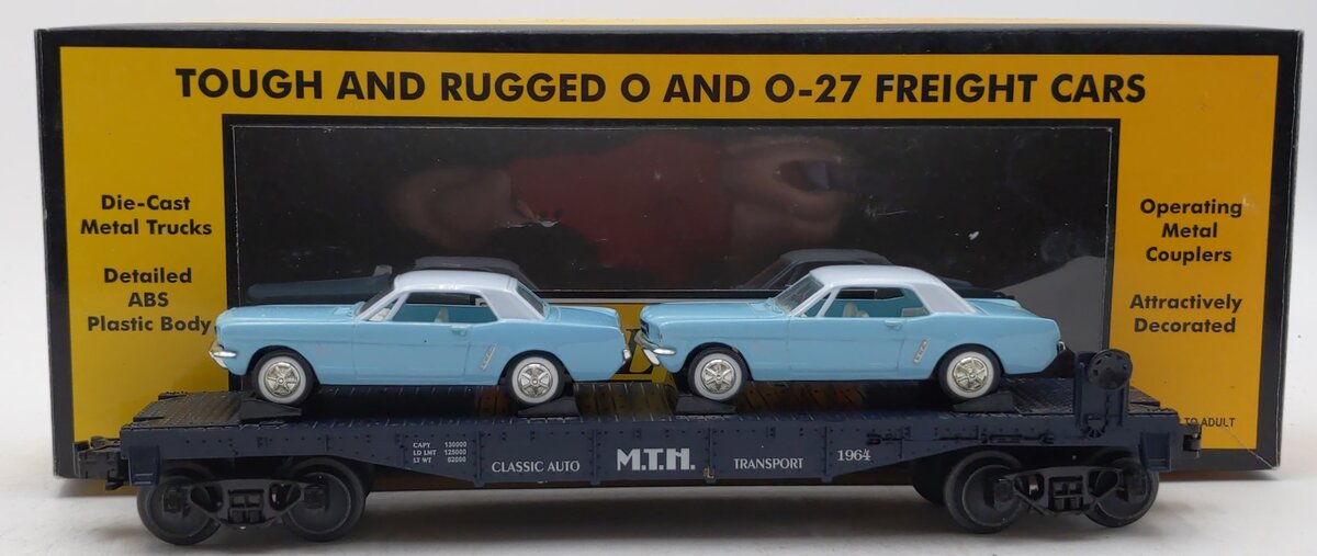 MTH 30-7617 O Gauge MTH Auto Transport Flat Car with 2 Ertl '64 Mustangs LN/Box