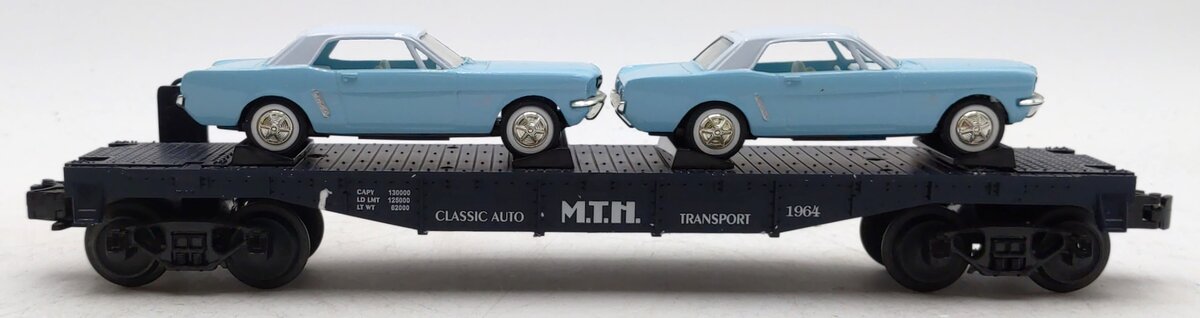 MTH 30-7617 O Gauge MTH Auto Transport Flat Car with 2 Ertl '64 Mustangs LN/Box