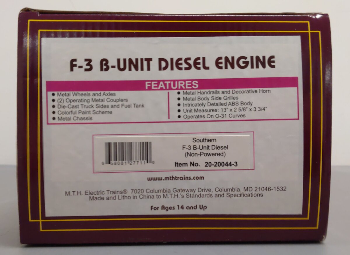 MTH 20-20044-3 O Gauge Southern F-3 B-Unit Non-Powered Diesel Engine #4358
