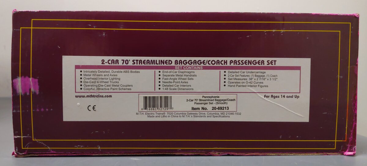 MTH 20-69213 O Gauge Pennsylvania 70' Streamlined Baggage/Coach Car Set of 2