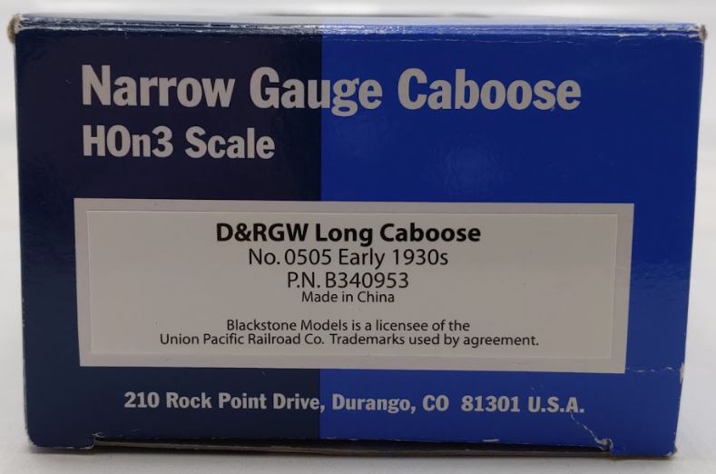 Blackstone Models B340953 HOn3 Scale D&RGW Long Caboose #0505 (Early 1930s)
