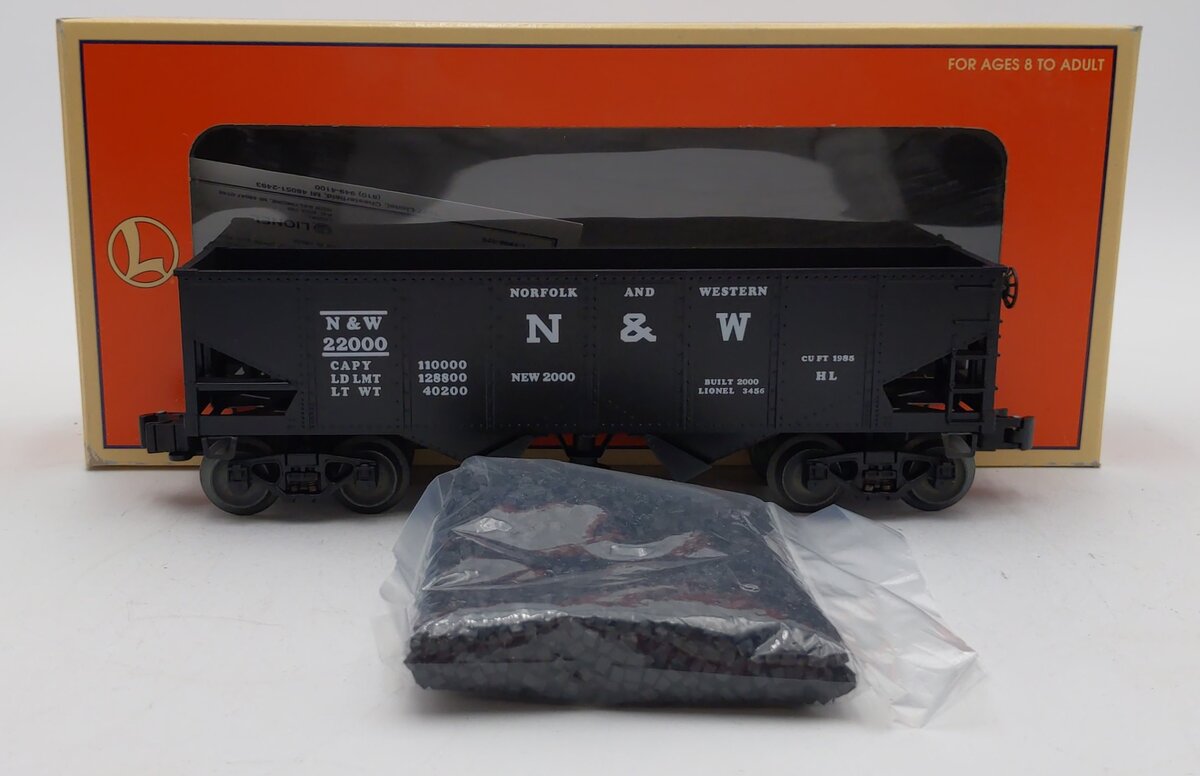 Lionel 6-19885 O Norfolk & Western Operating 2-Bay Hopper w/ Coal Load #22000 LN/Box