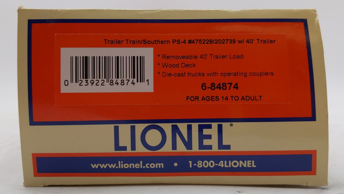 Lionel 6-84874 O Trailer Train/Southern PS-4 with 40' Trailer #475227/202601