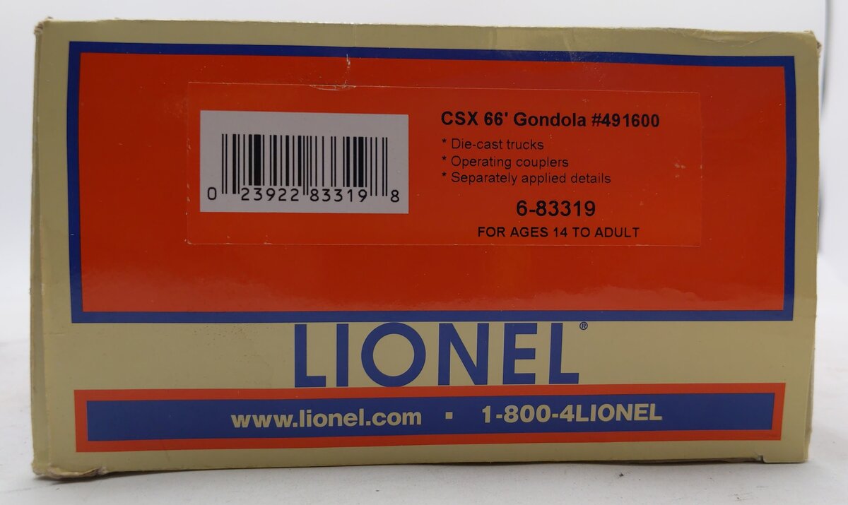 Lionel 6-83319 O CSX 66' Foot Mill Gondola Car #491600 LN/Box