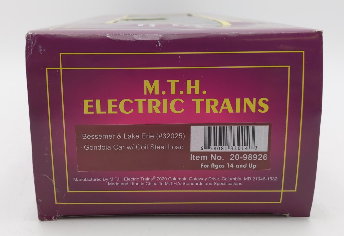 MTH 20-98926 O Scale Bessemer & Lake Erie Gondola Car w/Coil Steel Load #32025