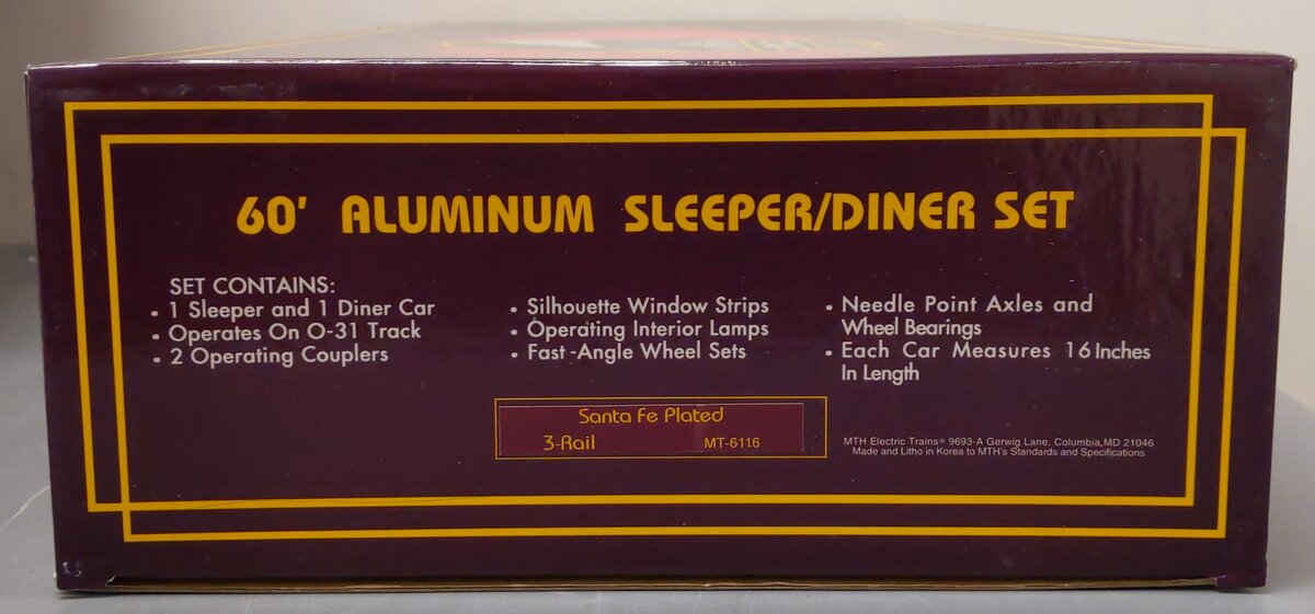 MTH 20-6116 O Santa Fe 60' Sleeper/Diner Aluminum Passenger Car Set (Set of 2) LN/Box