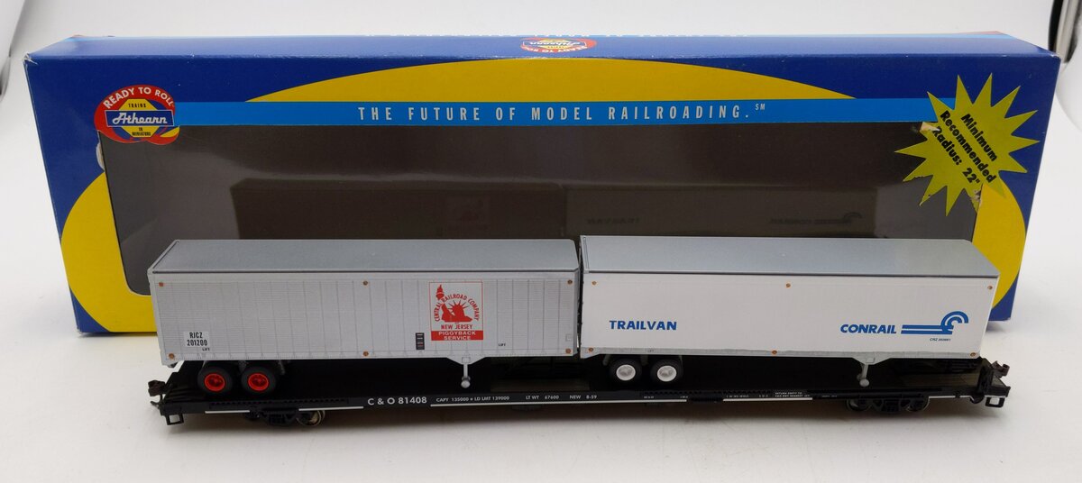 Athearn 92601 HO C&O 85' Flat Car w/2-40' Trailers