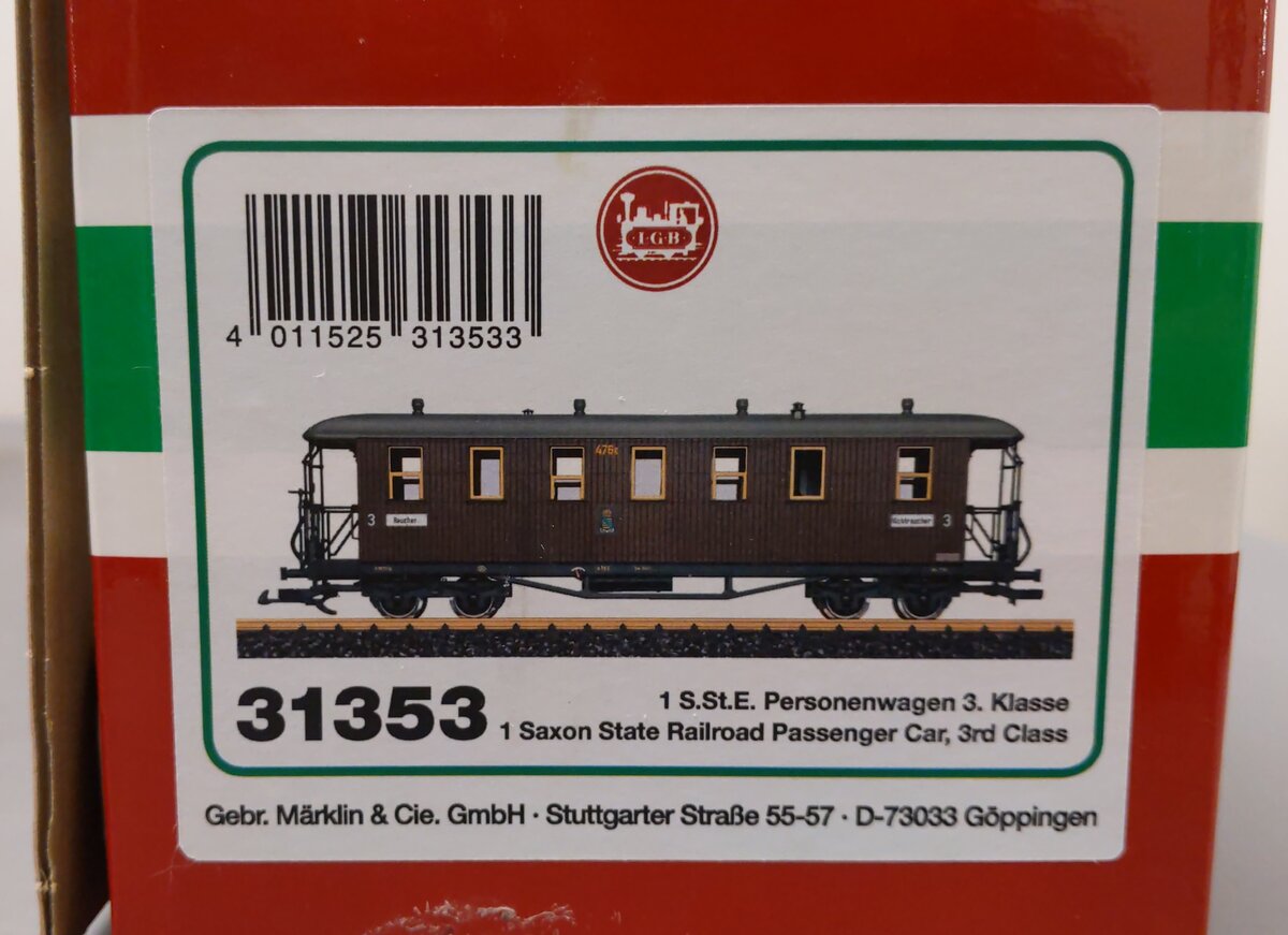 LGB 31353 G Saxon State Railroad 3rd Class Era I Passenger Car