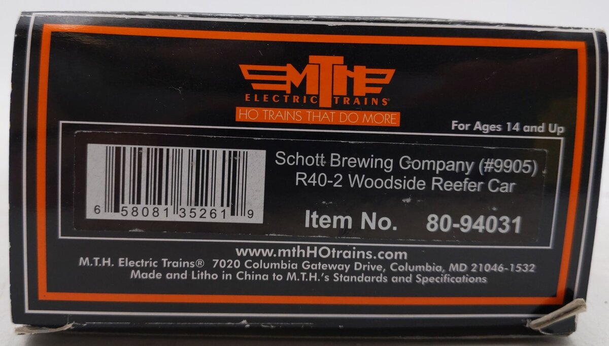 MTH 80-94031 HO Scale Schott Brewing Co. R40-2 Woodside Reefer Car #9905