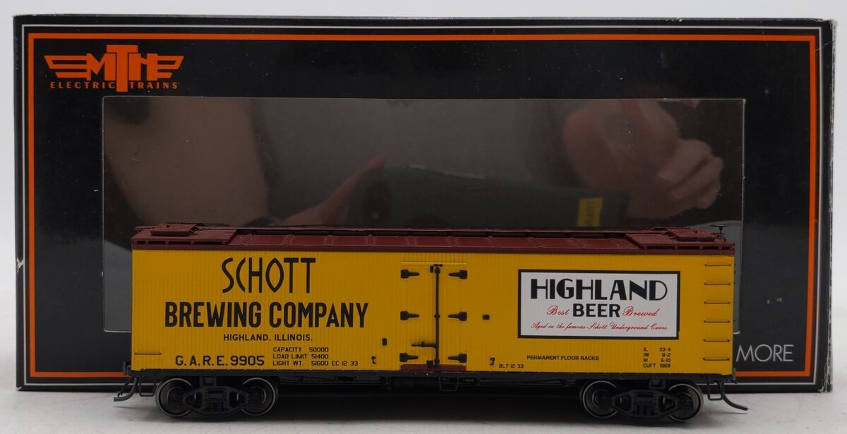 MTH 80-94031 HO Scale Schott Brewing Co. R40-2 Woodside Reefer Car #9905