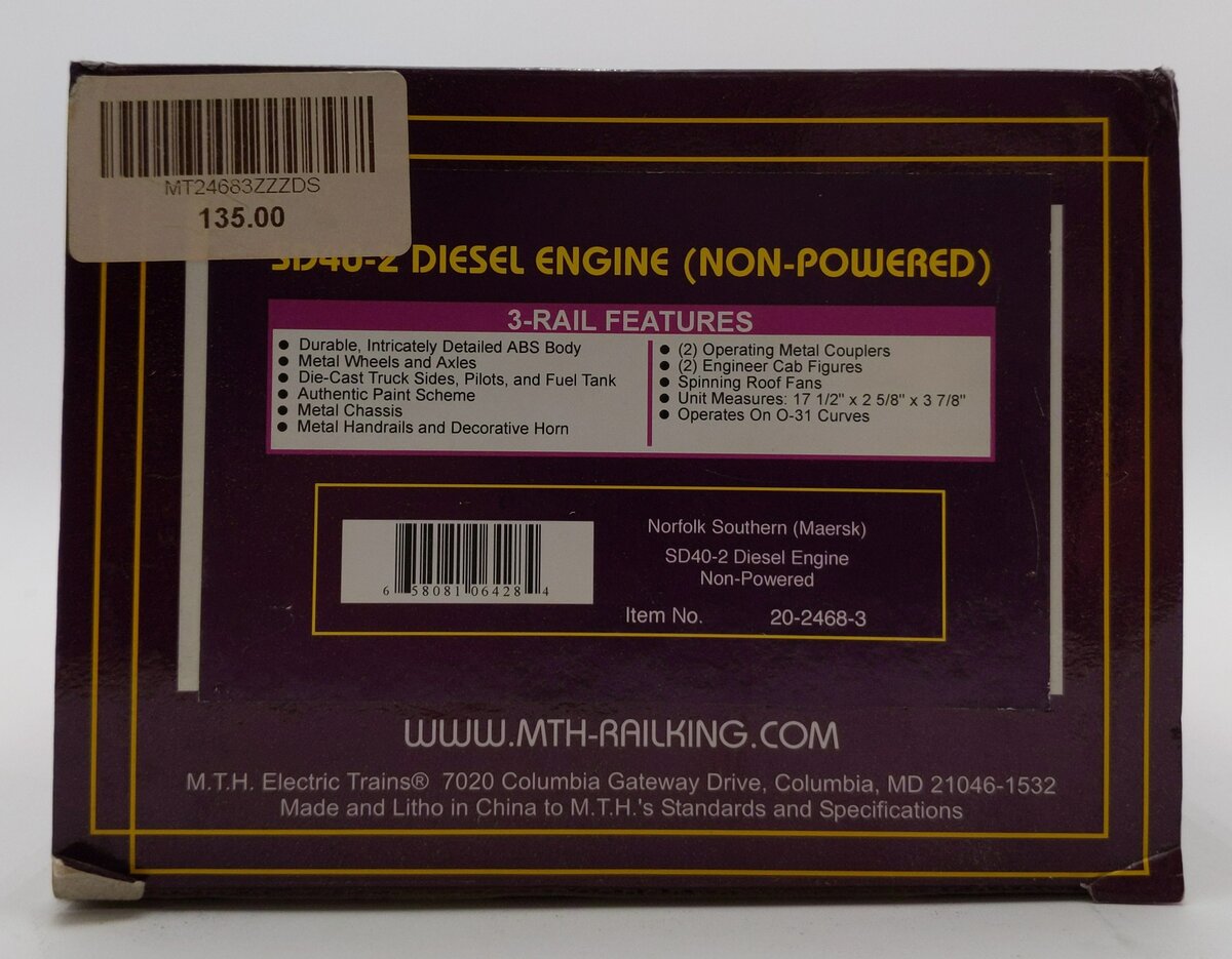 MTH 20-2468-3 Maersk/NS SD40 Non-Powered Diesel Engine #3333 EX/Box