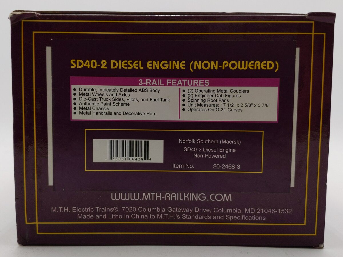 MTH 20-2468-3 Maersk/NS SD40 Non-Powered Diesel Engine #3333 EX/Box