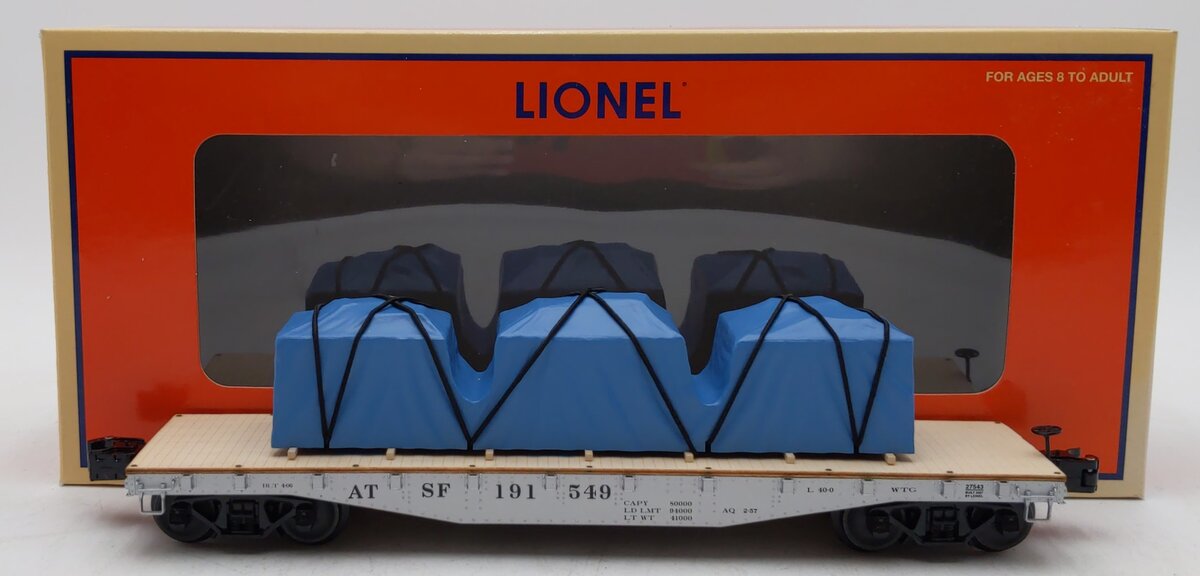 Lionel 6-27543 O Gauge Santa Fe 40' Flatcar with Covered Loads LN/Box