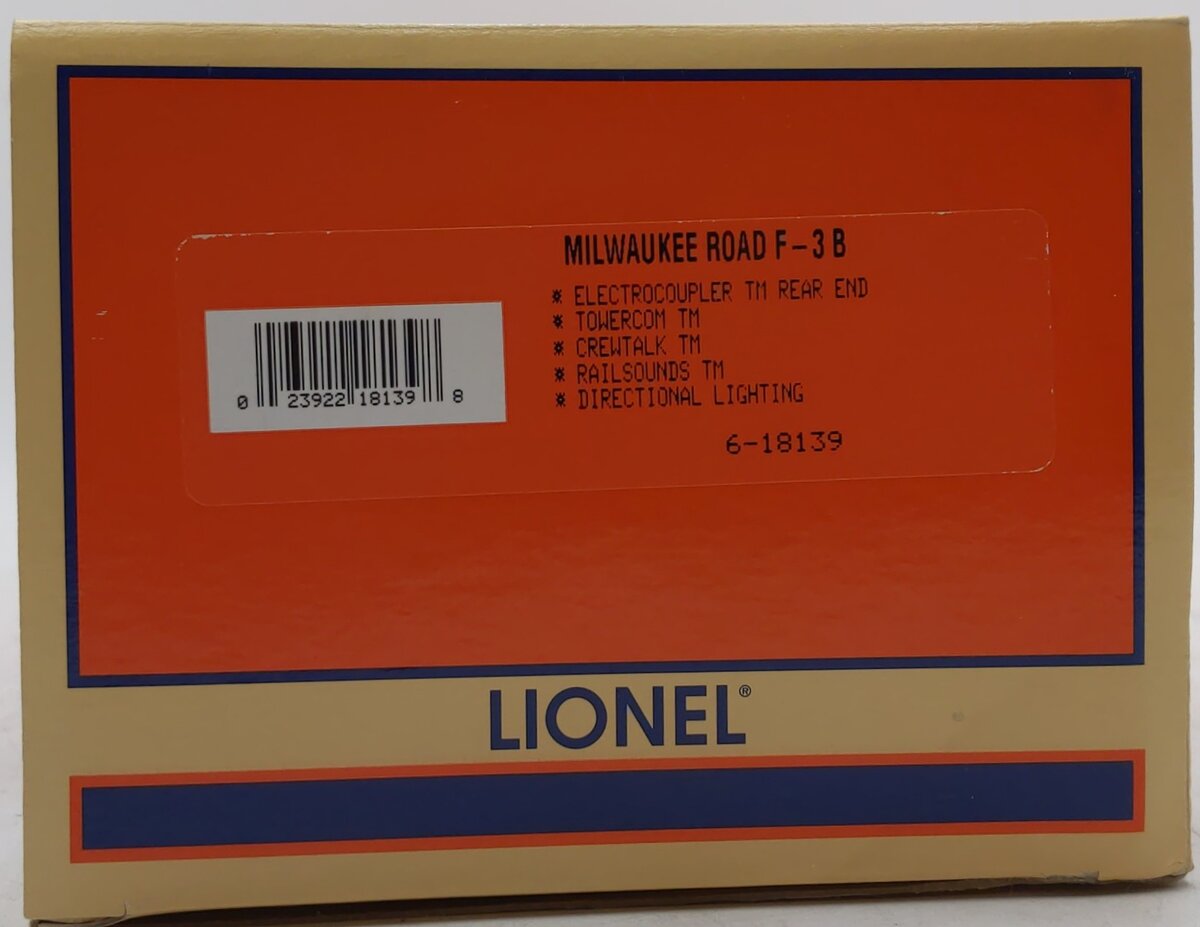 Lionel 6-18139 O Gauge Milwaukee Road F3 B Unit Non-Powered Diesel Locomotive LN/Box