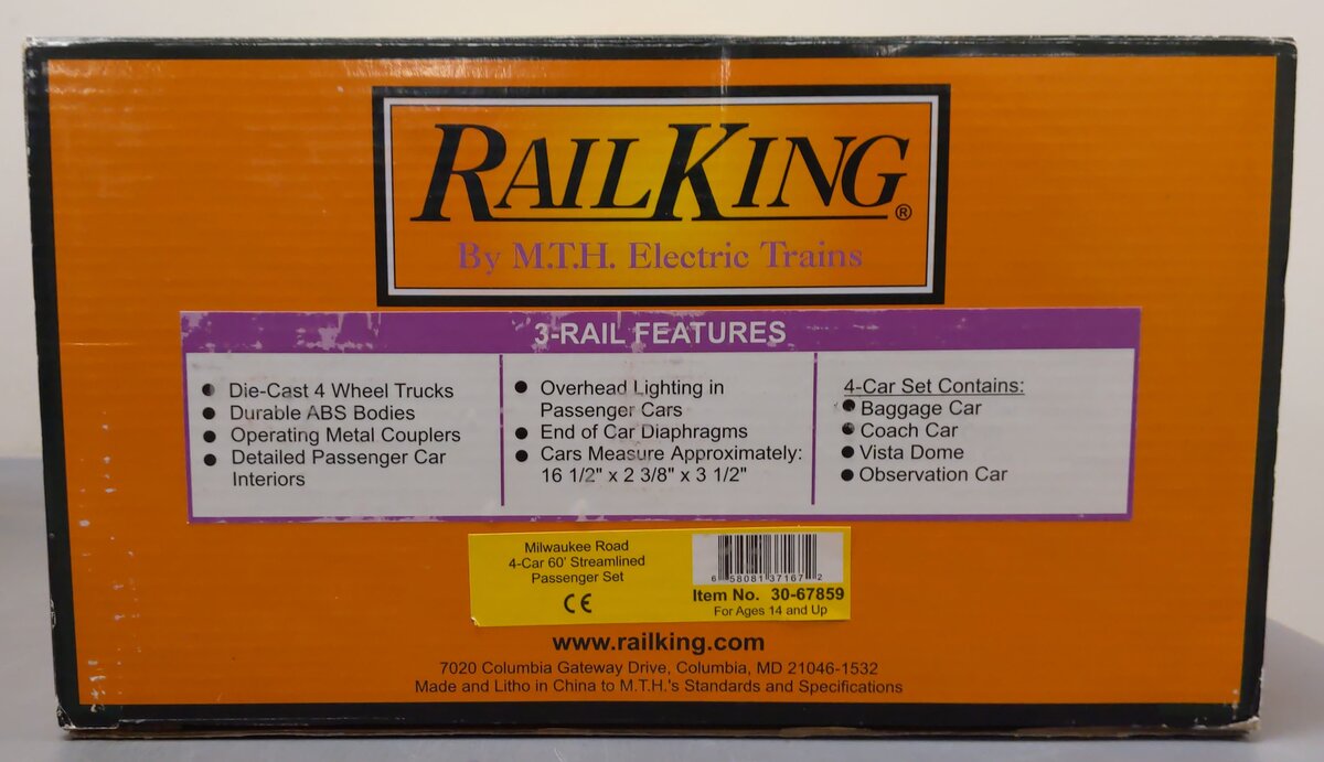 MTH 30-67859 O Milwaukee Road 60' Streamlined ABS Passenger Car Set (Set of 4) LN/Box