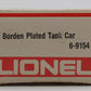 Lionel 6-9154 O Gauge Borden Plated Tank Car LN/Box