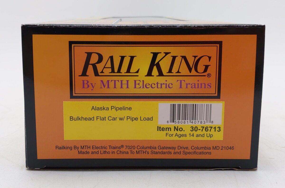 MTH 30-76713 O Alaska Pipeline Flat Car with Bulkheads and Pipe Load #50018