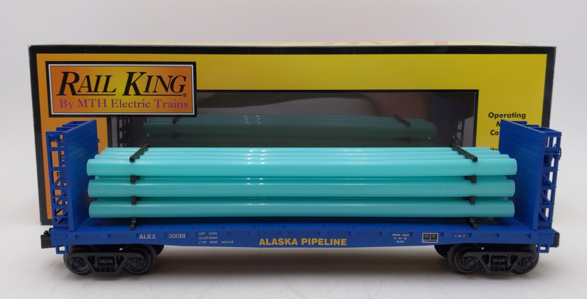 MTH 30-76713 O Alaska Pipeline Flat Car with Bulkheads and Pipe Load #50018