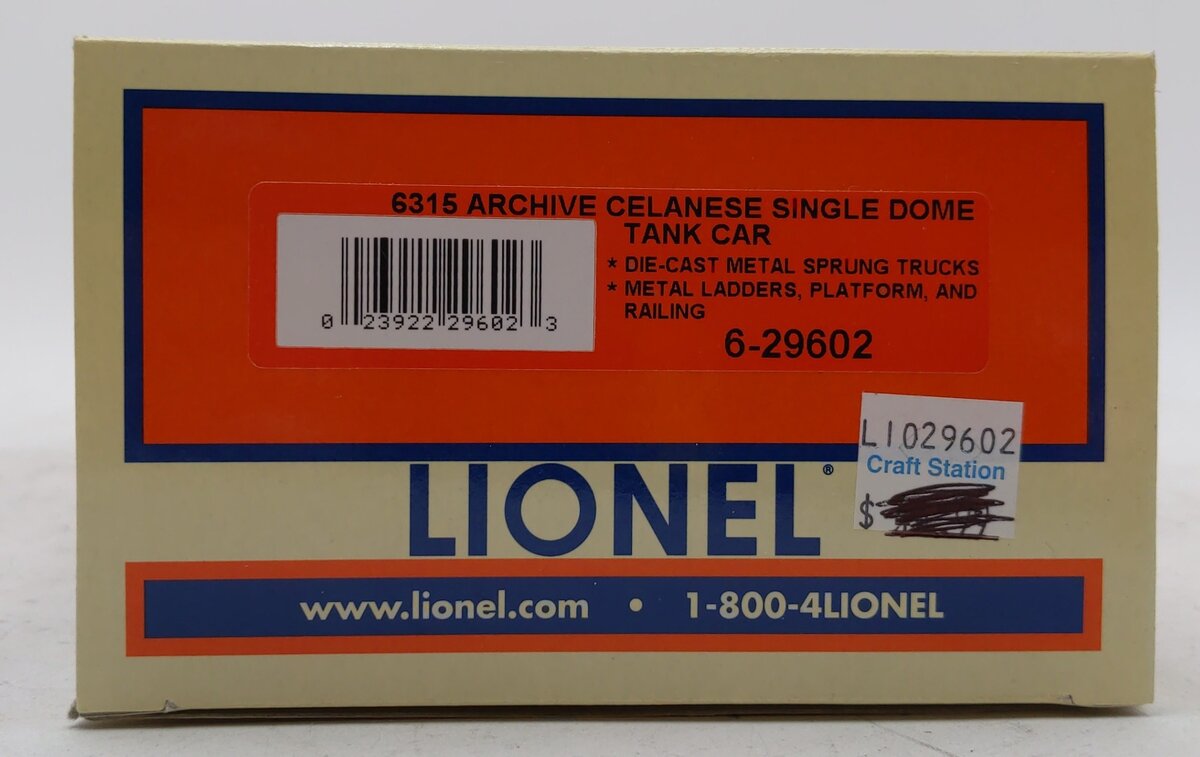 Lionel 6-29602 O Gauge GRCX Celanese Chemicals Single Dome Tank Car #6315 LN/Box